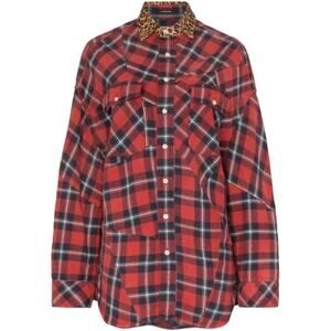 R13 Patched Red Plaid Flannel Shirt Leopard Collar Oversized Medium
